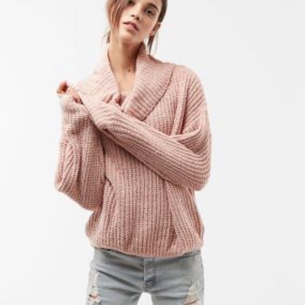 Express chenille cowl neck sweater in blush pink.